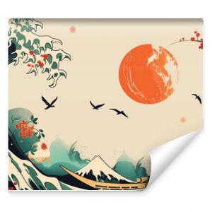 Traditional Japanese artwork with waves, cherry blossoms, and a red sun.