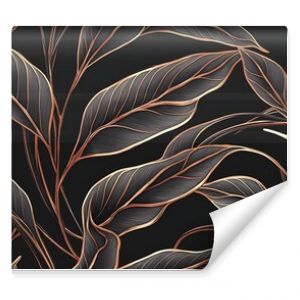 seamless wallpaper of illustrated plant leaves, copper and black colors, sleek, elegant