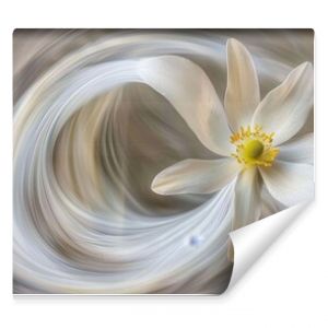 Abstract Floral Composition, White Flower on Soft Swirl Grayish Background, Minimalist Design