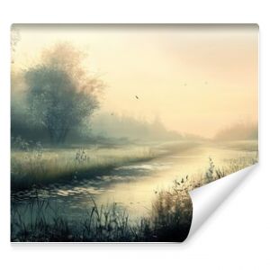 A serene landscape at dawn, with soft, muted colors and gentle mist creating a sense of peaceful reverie and quiet contemplation.