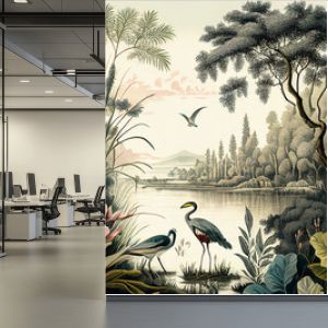 Vintage wallpaper featuring a forest landscape with lake, vegetation, trees, birds and herons.