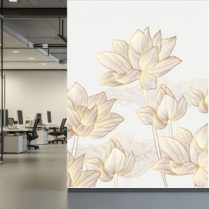 Luxury wallpaper design with Golden lotus and natural background. Lotus line arts design for wall arts, fabric, prints and background texture, Vector illustration.