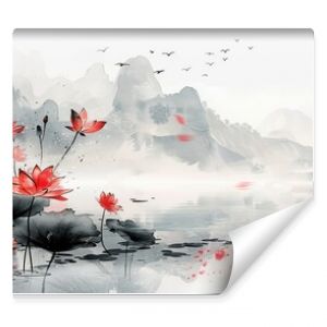 Red Lotus Flowers Blossom in a Misty Mountain Landscape