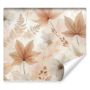 A delicate and airy design featuring translucent, watercolored leaves in soft amber, blush, and ivory tones, floating against a pearlescent background. 