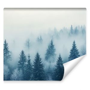 Watercolor winter landscape featuring a foggy forest in soft, muted tones, creating a serene nature scene