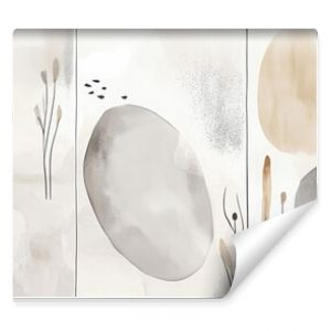 Abstract artwork featuring soft shapes and muted colors with delicate plants in a minimalistic style, creating a calming atmosphere, background