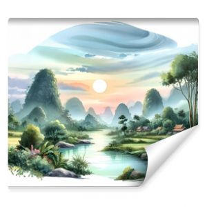 Watercolor pictures of rivers, trees, mountains, sun, beautiful evening views