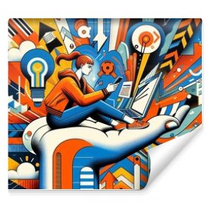 "The image portrays a young woman working on a laptop while sitting on a giant hand, set against a dynamic backdrop of geometric shapes and patterns. The vibrant colors and abstract elements evoke a s