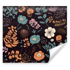 Seamless Сontemporary Spring Floral Pattern. Hand-drawn illustration. Flowers on black background. Decor, wallpaper, textile. Scandinavian design. Generative Ai.