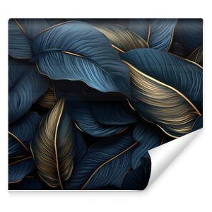 Dark blue and gold tropical leaves Exotic background, Ai Generated