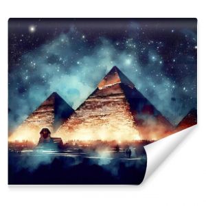 Watercolor painting of the pyramids of ​​giza at night