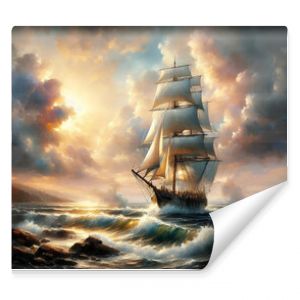 Watercolor painting of a tall sailboat sailing on the ocean