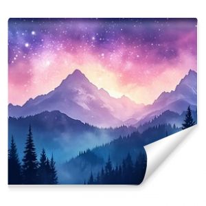 Vibrant watercolor night sky featuring stars, mountains, and silhouetted trees, creating a serene and magical atmosphere.