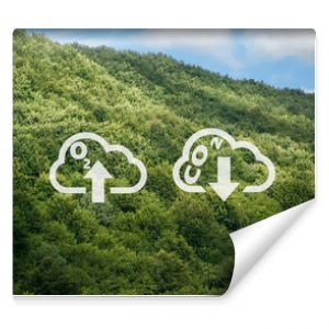 wymiana węgla na zbiorniku Zdjęcie symboli CO2 i O2 w chmurze z oznaczeniem wymiany na tle gór porośniętych lasem