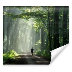 Mężczyzna biegnący przez las w świetle promieni słonecznych