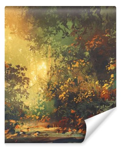 colorful forest with trees and flowers in spring at sunset