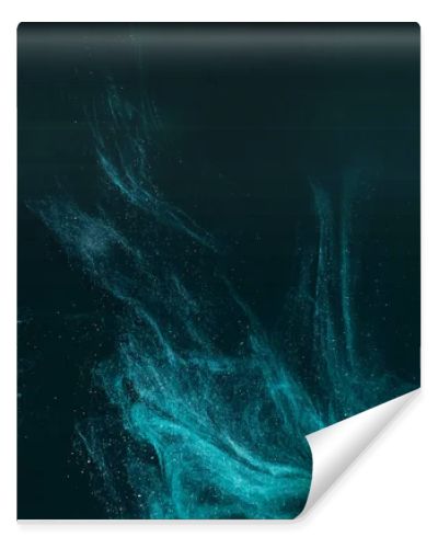 abstract artistic background with turquoise paint flowing on black 