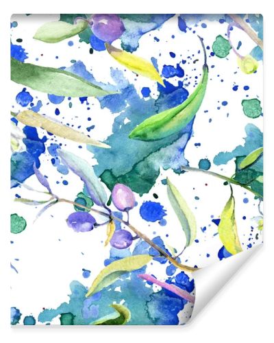 Olives watercolor background illustration set. Seamless background pattern. Fabric wallpaper print texture.