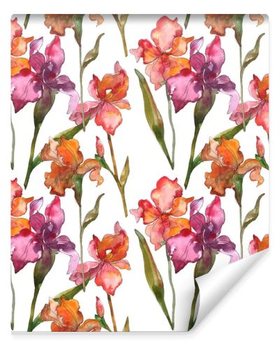 Red and purple irises. Watercolor illustration set. Seamless background pattern. Fabric wallpaper print texture.