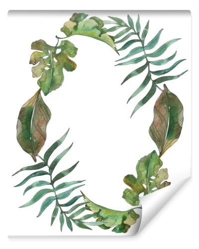 Exotic tropical hawaiian summer. Palm beach tree leaves. Watercolor background illustration set. Watercolour drawing fashion aquarelle isolated. Frame border ornament square.