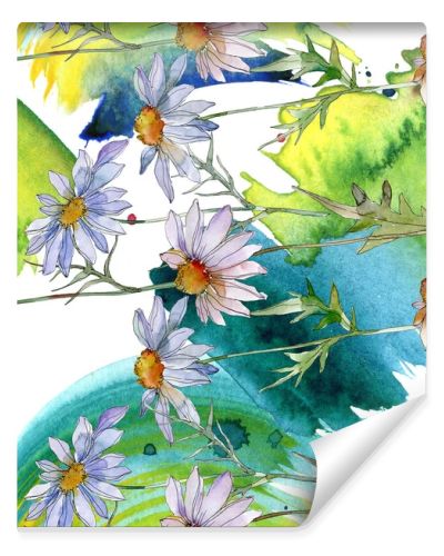 chamomiles with green leaves watercolor illustration, seamless background pattern
