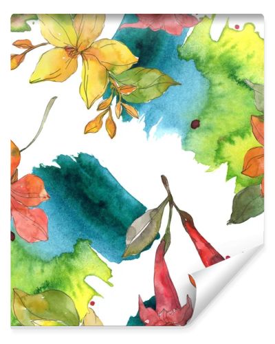 Red and yellow tropical botanical flowers. Wild spring leaf isolated. Watercolor illustration set. Watercolour drawing fashion aquarelle. Seamless background pattern. Fabric wallpaper print texture.