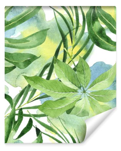 Exotic tropical hawaiian green palm leaves. Watercolor background set. Seamless background pattern.