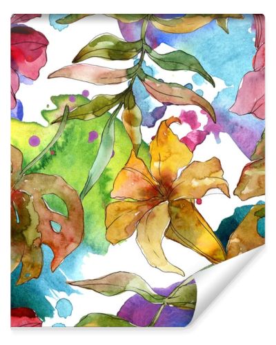 Exotic tropical hawaiian summer. Watercolor background illustration set. Seamless background pattern.