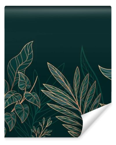 Leaves golden background. Aesthetics and elegance, luxury. Symbol of spring and summer season. Linear ornament with foliage. Monstera plant line art pattern. Flat vector illustration