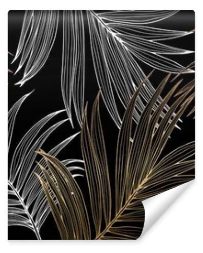 Tropical dark luxury background with golden and white palm leaves. Background for decor, covers, wallpapers, postcards and presentations