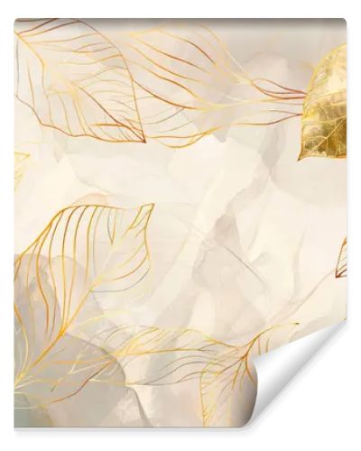 Gold leaves watercolor drawing pattern background with golden line art leaves, brush strokes, spots. Vector painted beautiful  illustration. Elegance decorative nature design. Grunge ornate texture.