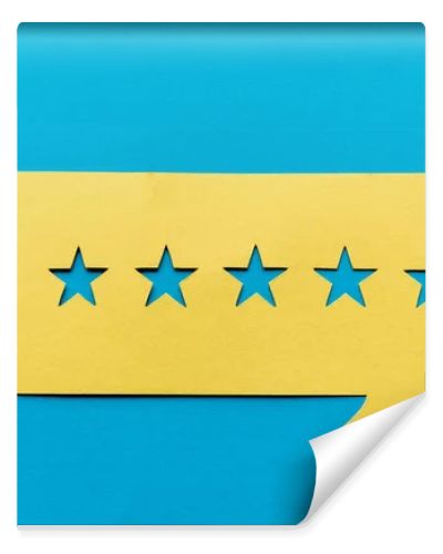 top view of yellow speech bubble with stars isolated on blue 