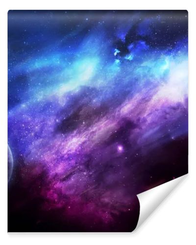 abstract space 3D illustration, 3d image, 3d rendering, background image, a bright planet in space in a nebula and the shining of stars in purple and blue tones