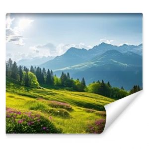 Idyllic mountain landscape in the Alps with blooming meadows in summer springtime