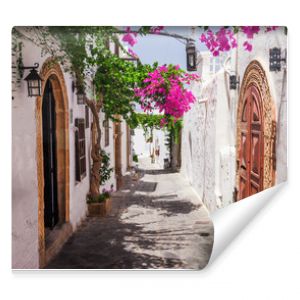 Wąska ulica w mieście Lindos na wyspie Rodos Dodekanez Grecja Piękne malownicze stare starożytne białe domy z kwiatami Znani