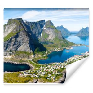 Aerial panoramic view of Reine, Lofoten, Norway, sunny arctic summer