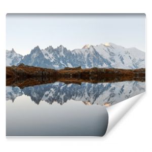 Picturesque panorama of Chesery lake (Lac De Cheserys) and snowy Monte Bianco mountains range on background, Chamonix, France Alps