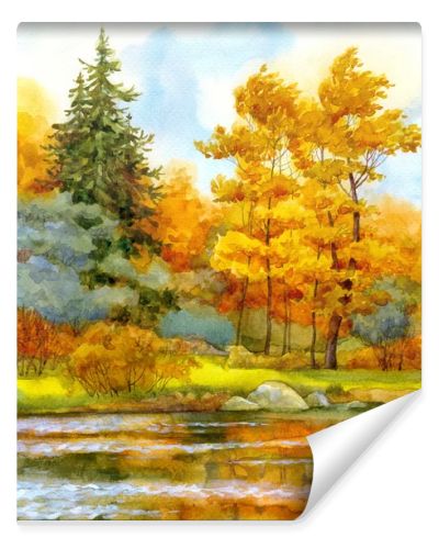 Watercolor landscape. Autumnal forest on the lake