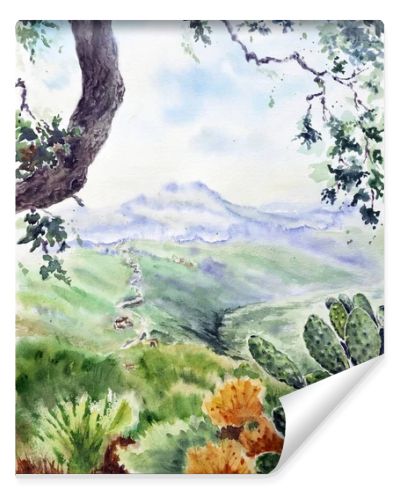 Landscape with hills far away and oak tree as a frame. Big prickly pear cactus closeup in the foreground against the background with bushes and a slope. Hand drawn watercolors on paper textures. Raster bitmap image