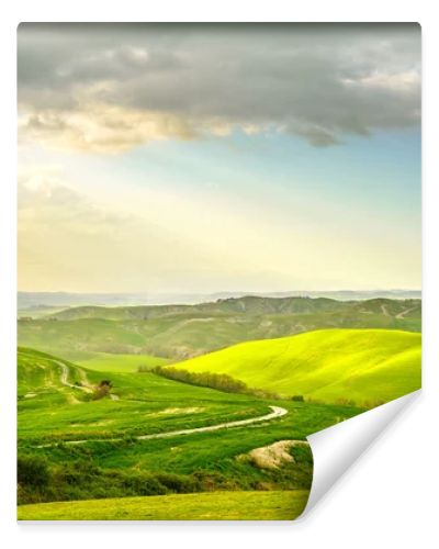 Tuscany, rural sunset landscape. Countryside farm, white road and cypress trees.