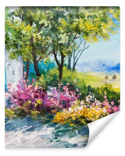 oil painting landscape - garden near the house, colorful flowers, summer forest