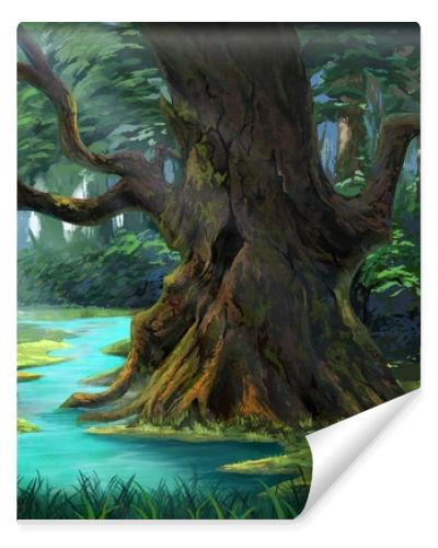 Ancient Tree in the Forest by the Riverside. Video Games Digital CG Artwork, Concept Illustration, Realistic Cartoon Style Background