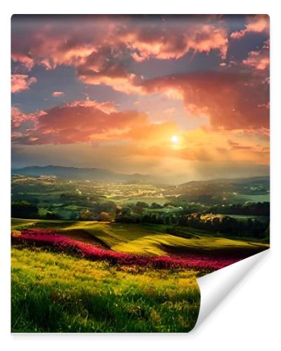 A peaceful meadow atop a hill, aglow with the warm colors of a sunset. Tall grasses, wildflowers, and rolling hills surround the scene, creating a serene and picturesque countryside ambiance.
