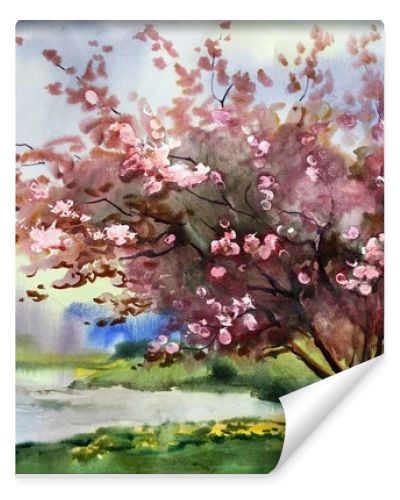 Watercolor painting landscape with blooming spring tree with flowers.
