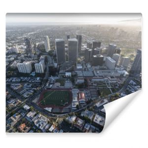 Afternoon aerial view of Century City buildings and streets in Los Angeles, California.  