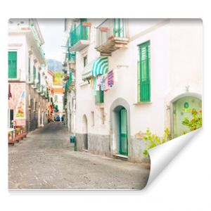 narrow european street with ceramic decorations