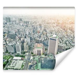 Business concept for real estate and corporate construction : panoramic modern city bird eye view with dramatic sunrise and morning blue sky from 101 building in Taipei, Taiwan