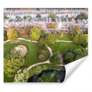 Aerial view of Amsterdam city roofs beside Sarphati park 