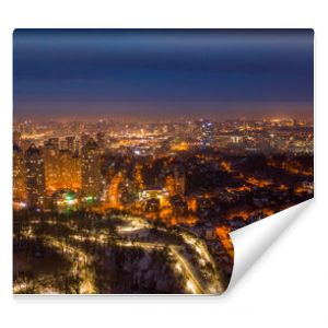 Aerial photo from flying drone of a night Kiev city. Ukraine. 