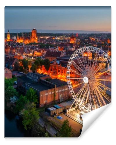 Aerial view of the beautiful Gdansk city at dusk, Poland